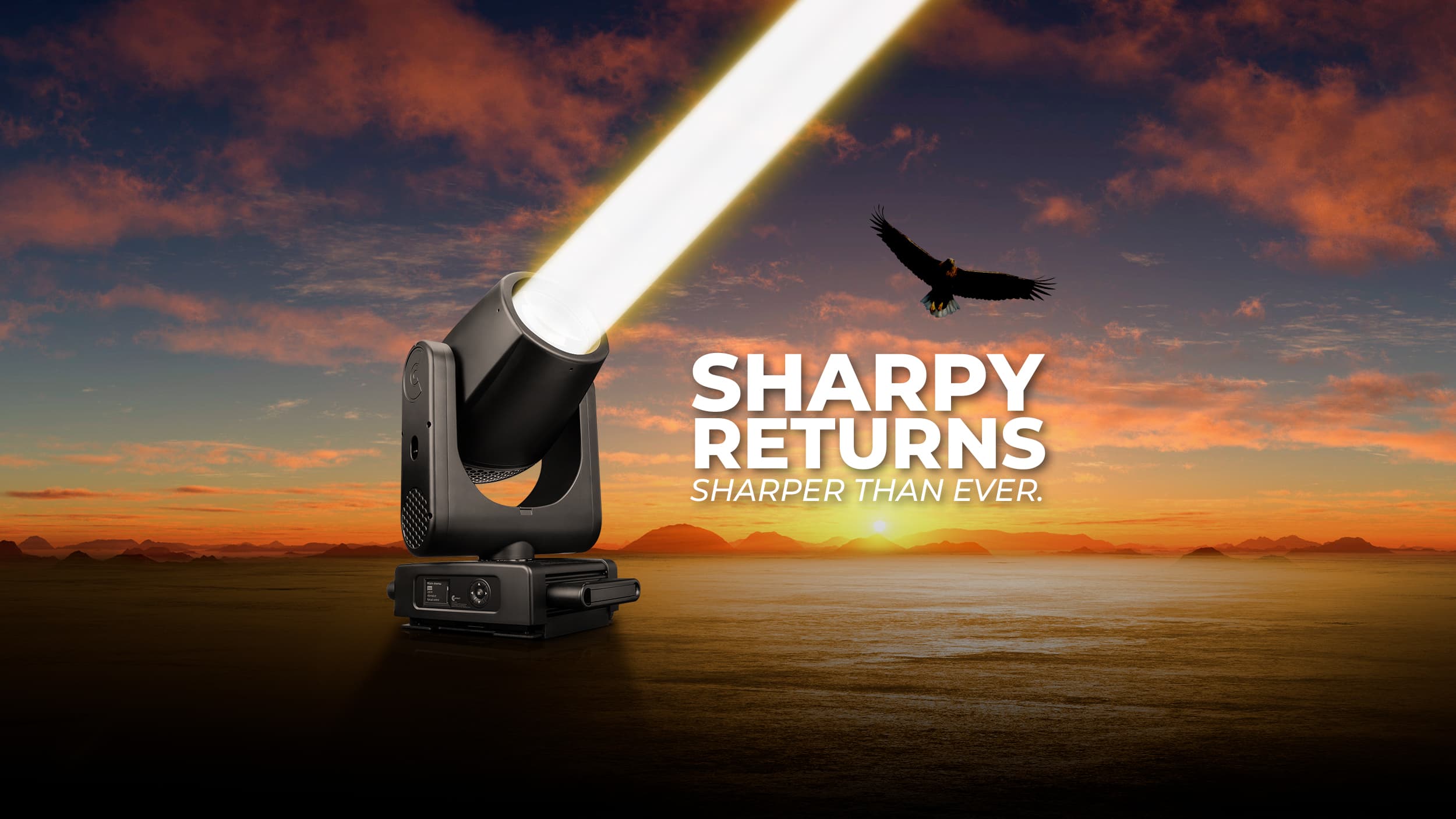 Claypaky Ultimo Sharpy projecting a sharp beam at sunset — “Sharpy Returns, Sharper Than Ever”
