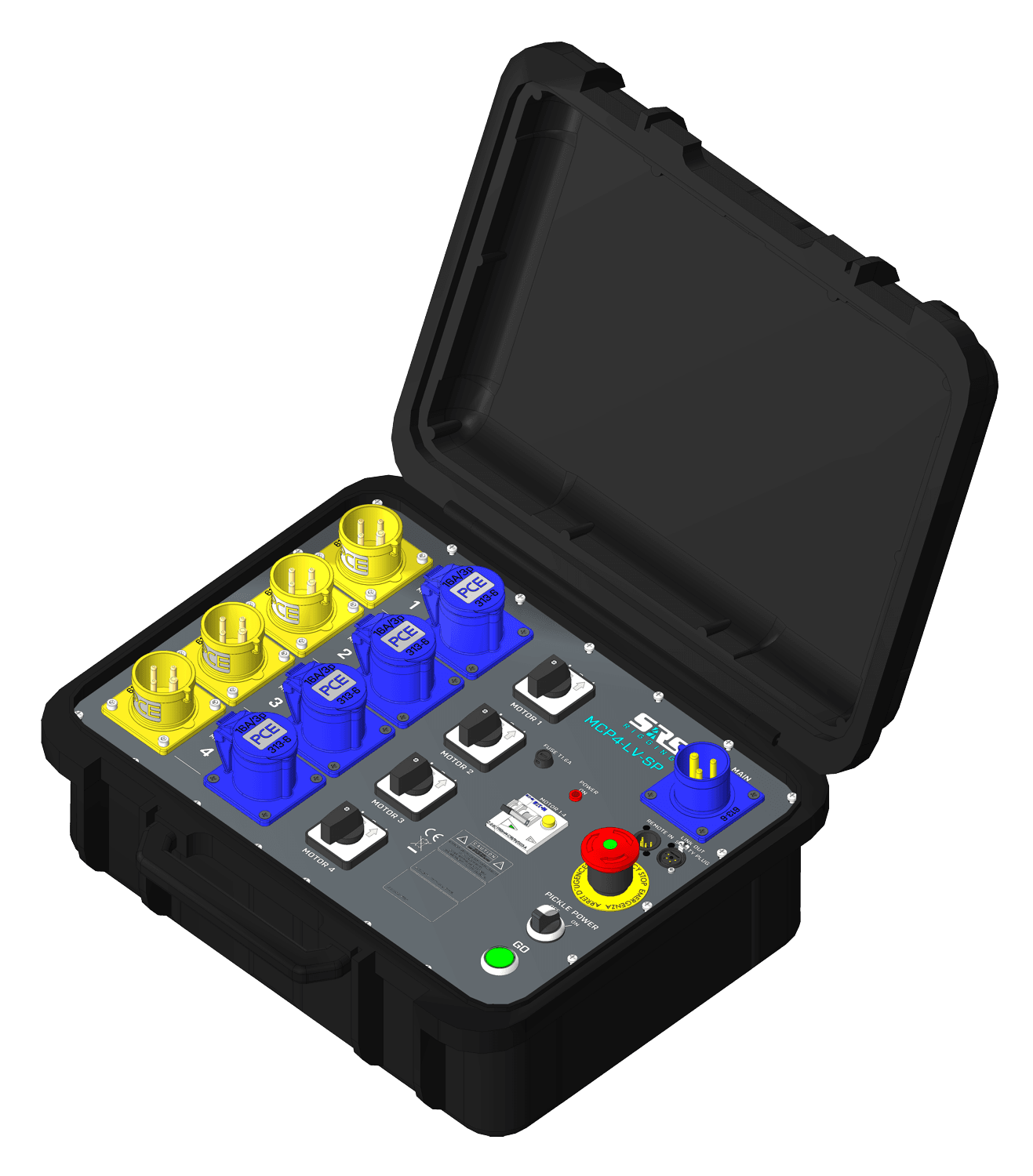 SRS MCP motor controller in a plastic case, front view