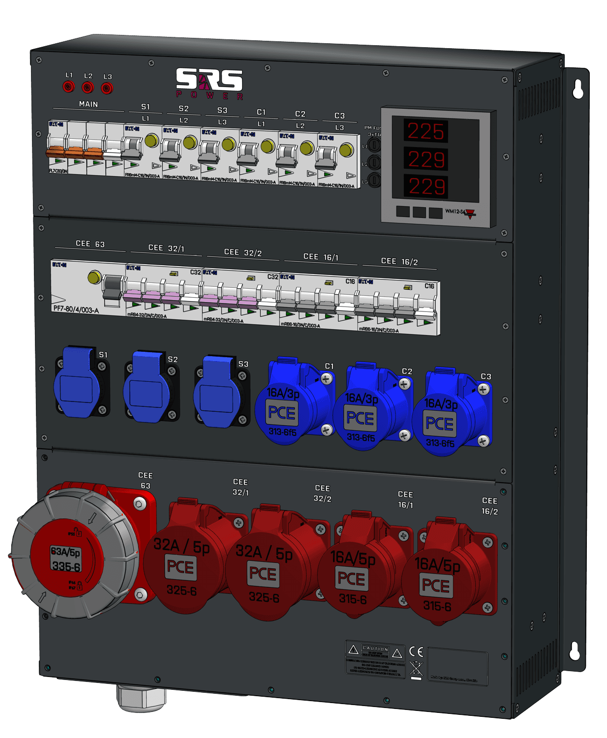 SRS wall-mount power distro, front view