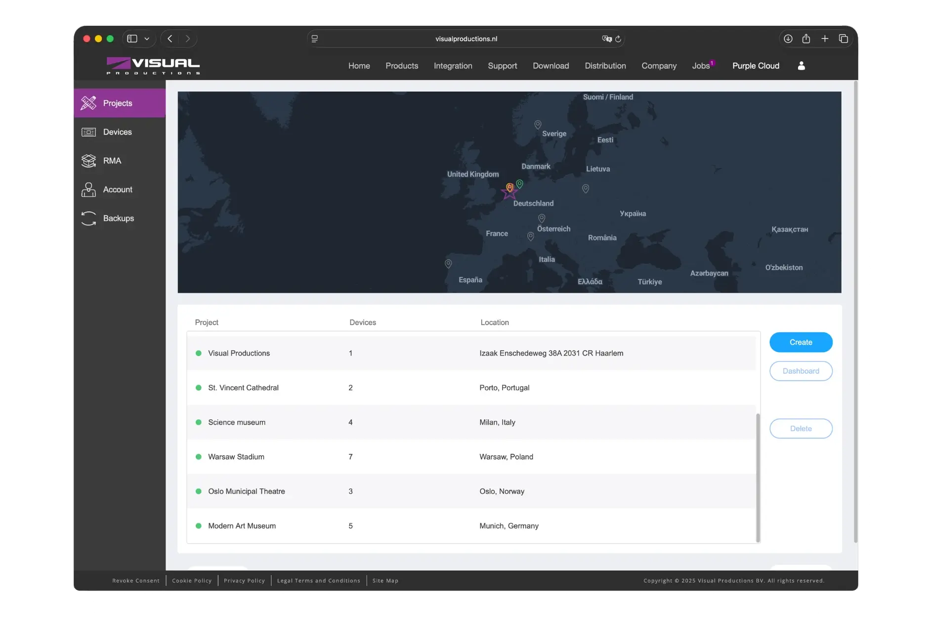 Visual Productions Purple Cloud — projects dashboard