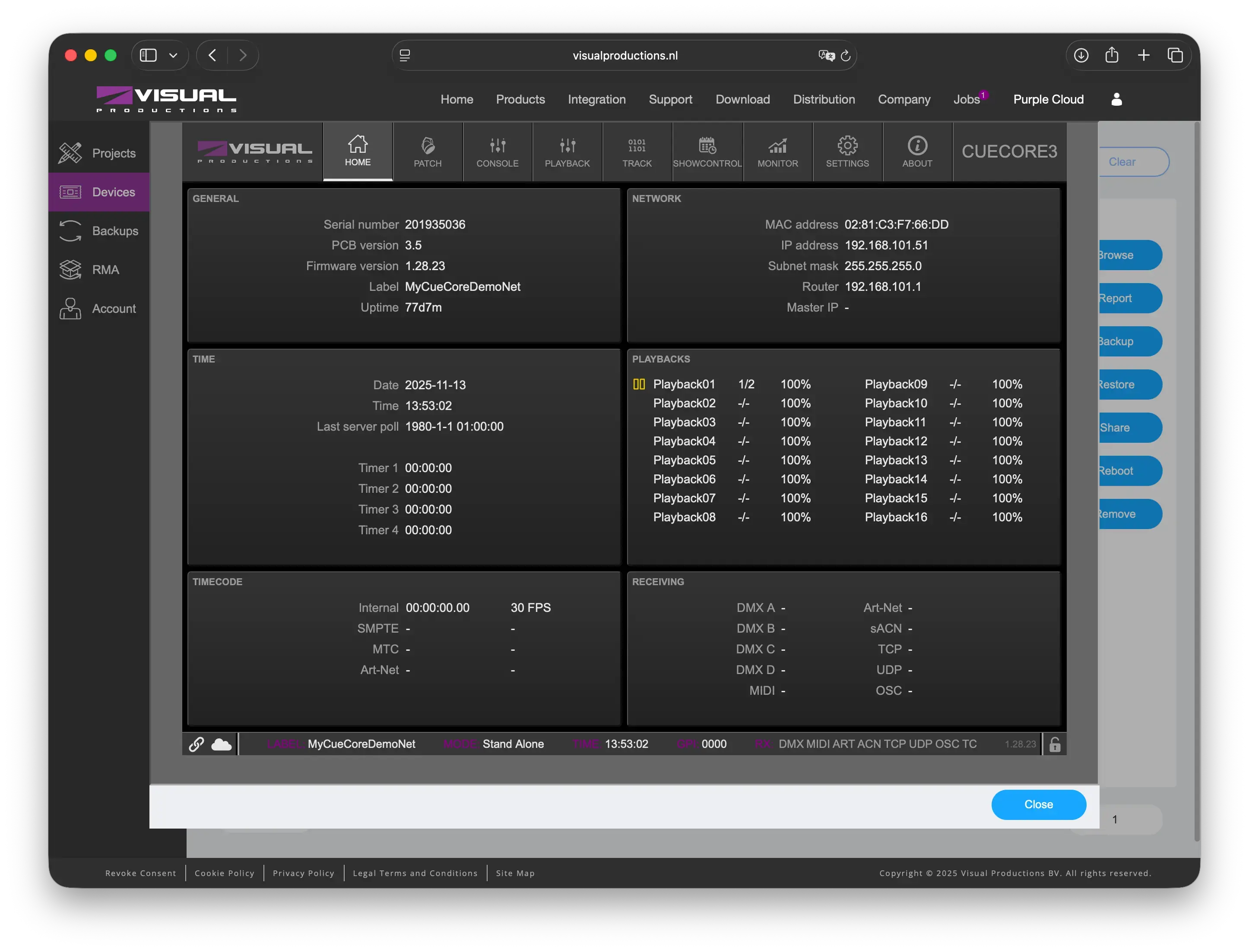 Visual Productions Purple Cloud — remote monitoring