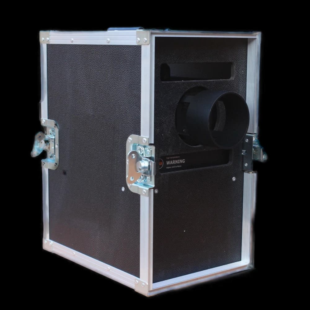hazebase classic² fog machine in its Amptown flightcase — front, output exposed