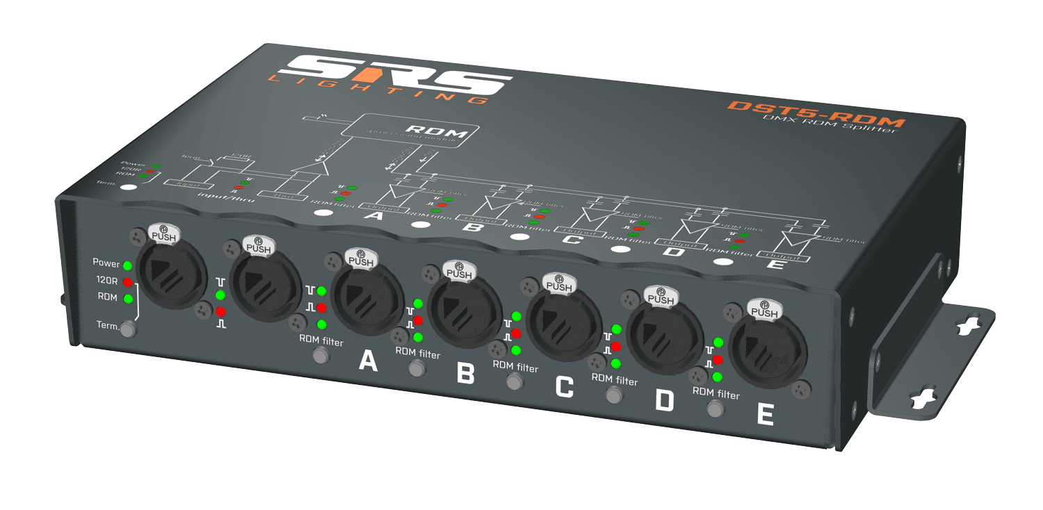 SRS DST5-RDM truss-mount DMX/RDM splitter, front view