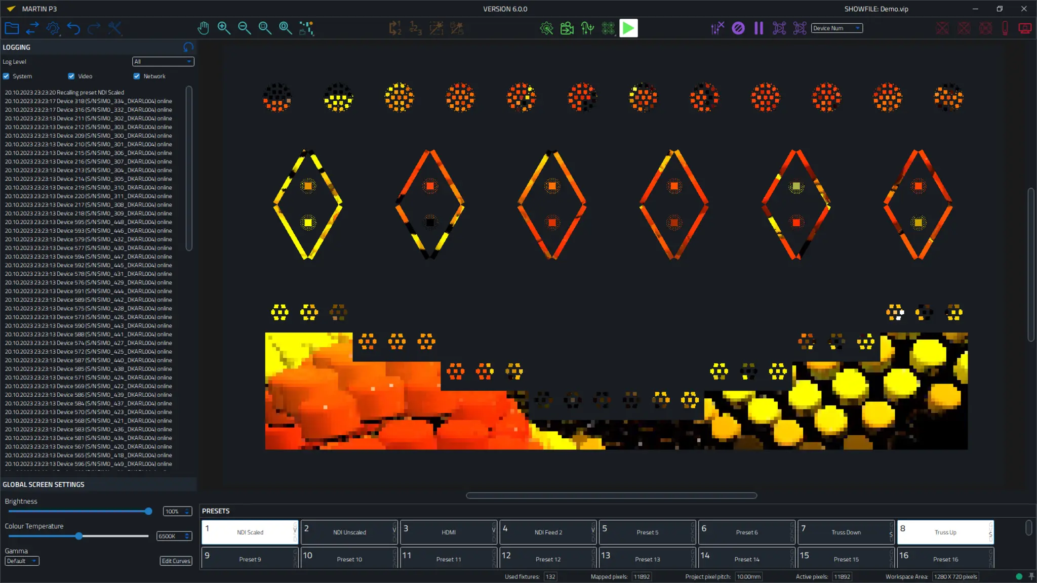 Martin P3 software — live view pixel-mapping interface